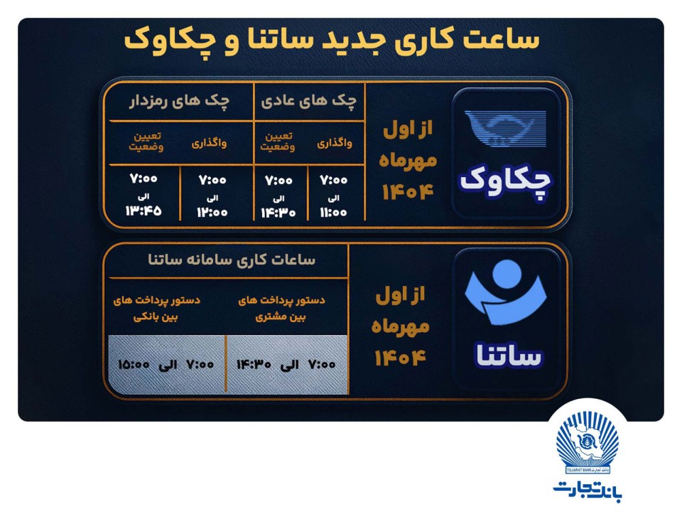 تغییر ساعت کاری سامانههای ساتنا و پایا در بانک تجارت تغییر ساعت کاری سامانههای ساتنا و پایا در بانک تجارت